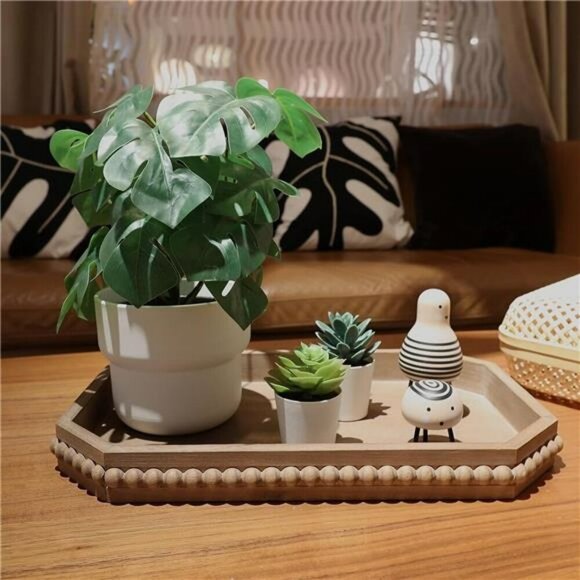 Rustic Wood Beaded Serving Tray Farmhouse Decor Centerpiece Candle Holder - Picture 5 of 7